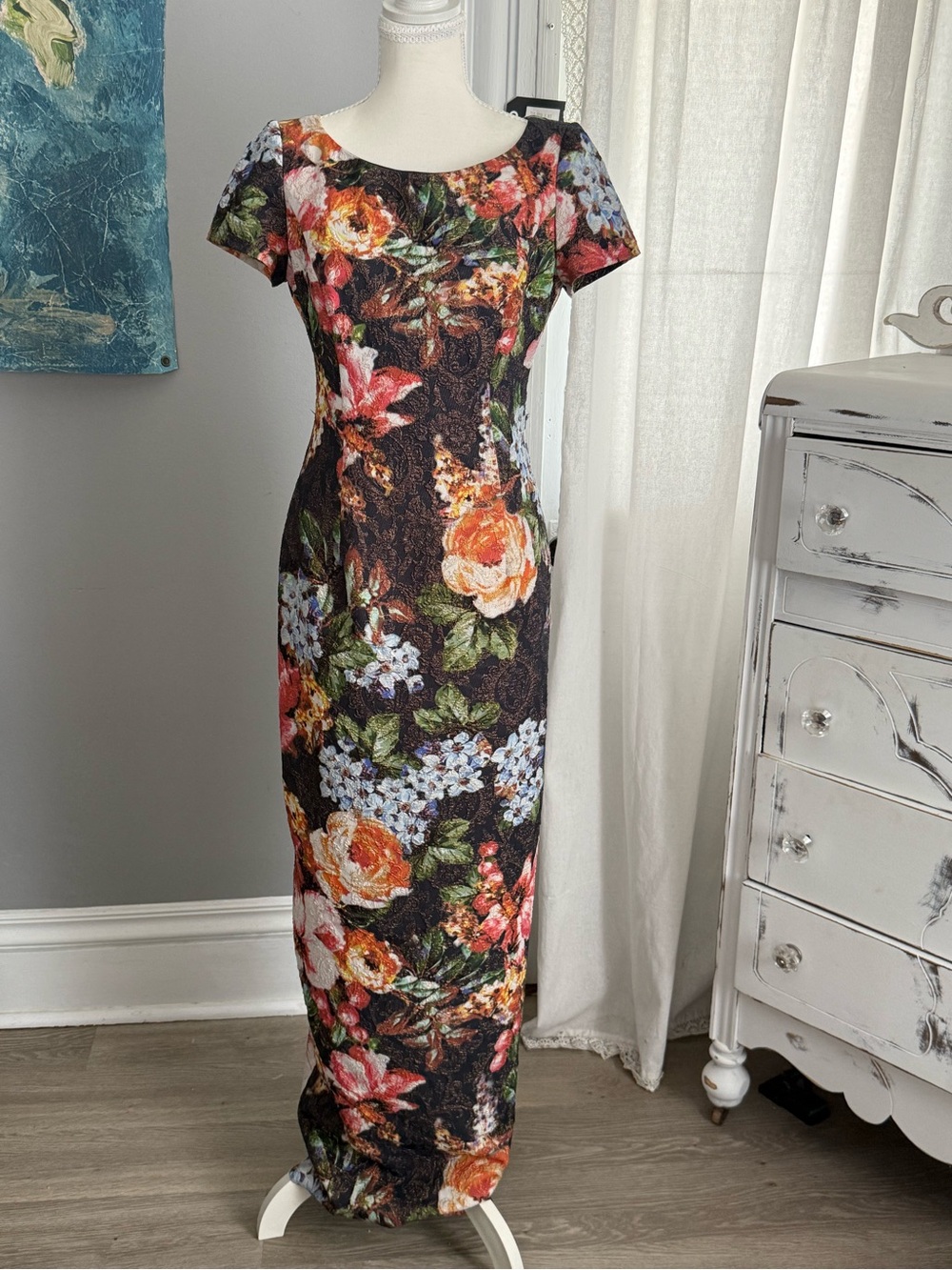 NWOT Adrianna Papell Matelassé Floral Jacquard Column Dress Gown - Size 6